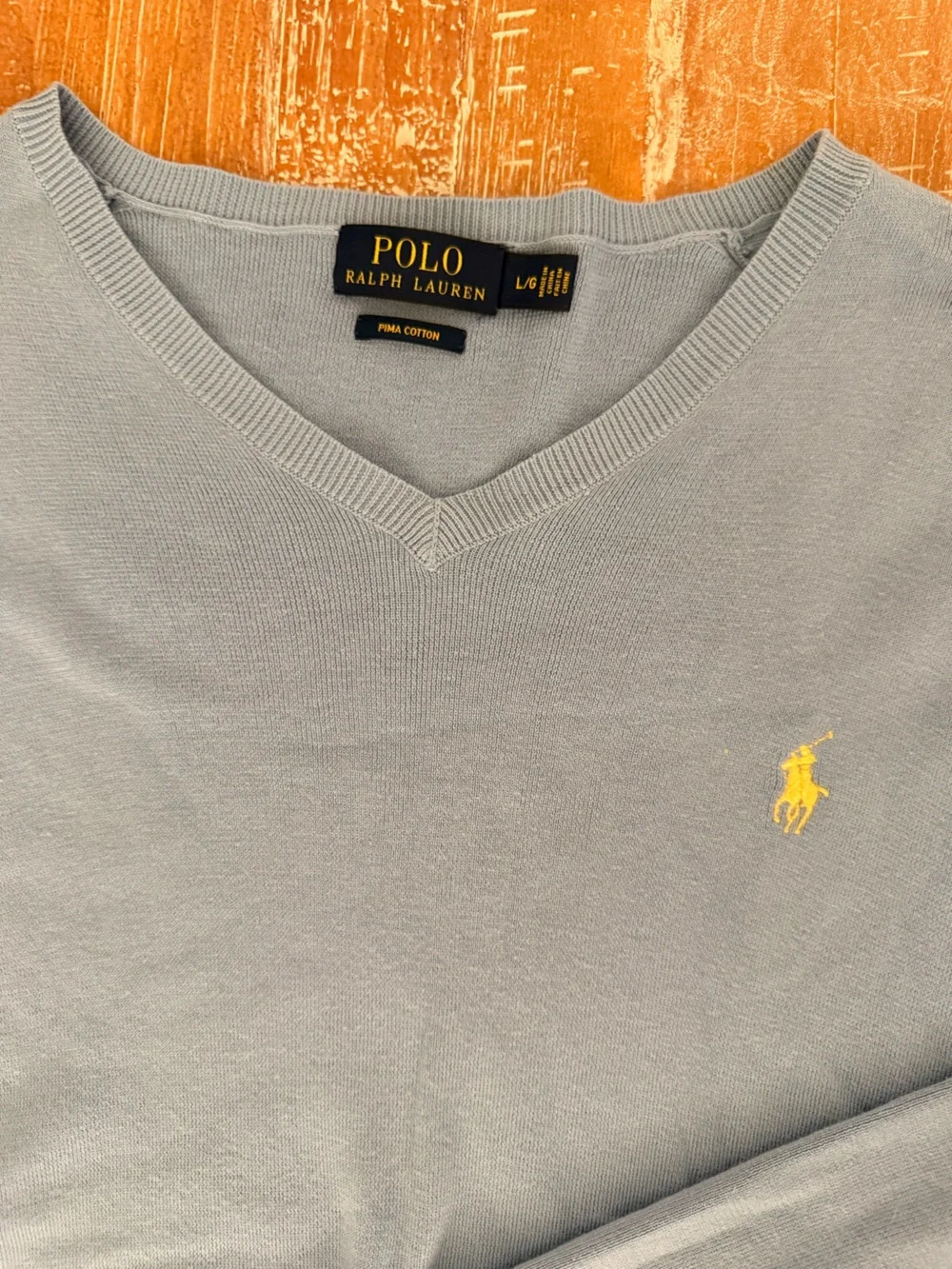 Polo by Ralph Lauren Baby Blue V-Neck Sweater with Yellow Pony SIZE L